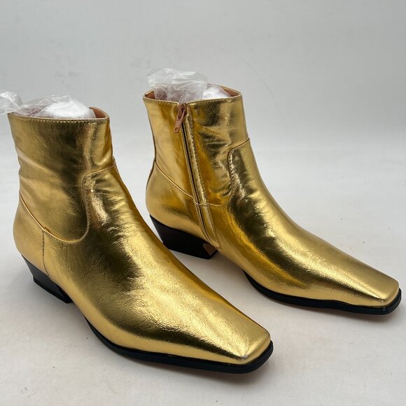 FOWT Gold Square Toe Side Zipper Ankle Boot Block Low Heel Short Boots Warm Boot - Picture 4 of 8